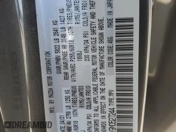 2021 Mazda CX-9 Sport with VIN JM3TCBBY9M0527244, listed as a Copart auction lot 64231384 with Not Provided miles and Salvage Title. Bid and sale history available at DreamBid. Image 13.