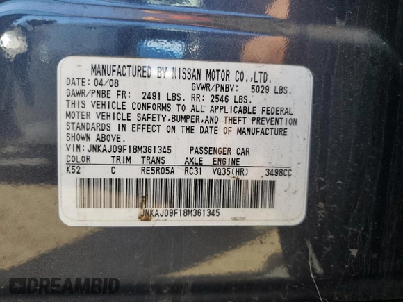 2008 Infiniti EX Journey with VIN JNKAJ09F18M361345, listed as a Copart auction lot 53766365 with 166,160 mi miles and Clean title. Bid and sale history available at DreamBid. Image 13.