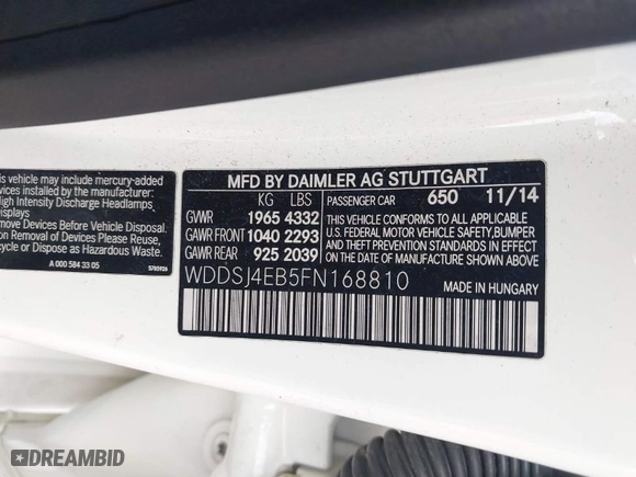 2015 Mercedes-Benz CLA-Class CLA 250 with VIN WDDSJ4EB5FN168810, listed as a IAAI auction lot 41609205 with 108,220 mi miles. Bid and sale history available at carsss.com. Image 9.