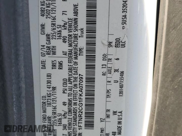 2015 Ford Transit Cargo with VIN 1FTNR2CG1FKA07097, listed as a Copart auction lot 61985765 with 74,100 mi miles and Salvage title. Bid and sale history available at DreamBid. Image 13.