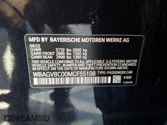 2021 BMW 8 Series M850i with VIN WBAGV8C00MCF55108, listed as a Copart auction lot 56305084 with 27,399 mi miles and Salvage Title. Bid and sale history available at DreamBid. Image 13.