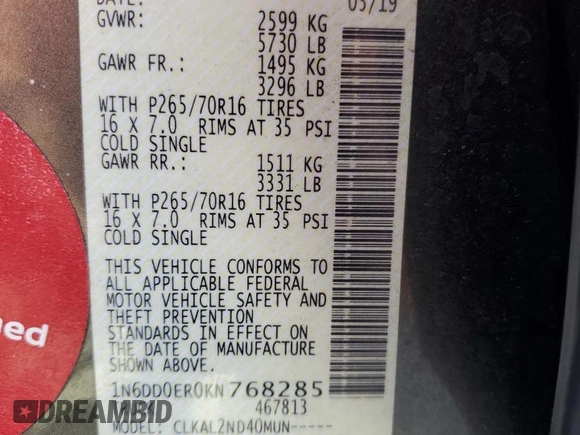 2019 Nissan Frontier SV z VIN 1N6DD0ER0KN768285, wystawiony jako Copart lot #52824175 z przebiegiem 67 698 mil mil oraz Nie do naprawy • Non repairable. Historia ofert i sprzedaży dostępna na DreamBid. Obrazek 14.