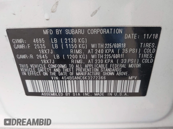 2019 Subaru Outback Limited with VIN 4S4BSANC6K3272366, listed as a IAAI auction lot 41915247 with 145,410 mi miles and . Bid and sale history available at DreamBid. Image 9.