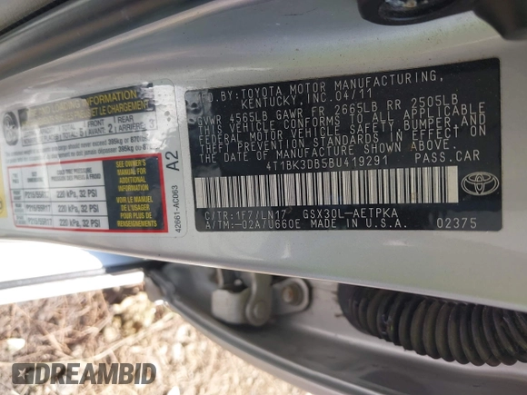 2011 Toyota Avalon with VIN 4T1BK3DB5BU419291, listed as a IAAI auction lot 40501166 with 175,932 mi miles and . Bid and sale history available at DreamBid. Image 9.