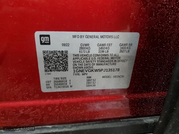 2023 Chevrolet Traverse LT Cloth with VIN 1GNEVGKW5PJ135178, listed as a Copart auction lot 44572535 with 54,727 mi miles and Salvage Title. Bid and sale history available at carsss.com. Image 15.