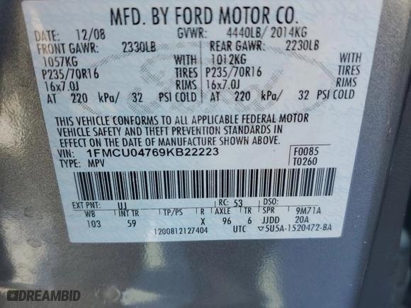 2009 Ford Escape Limited with VIN 1FMCU04769KB22223, listed as a Copart auction lot 46151335 with 191,329 mi miles and Salvage Title. Bid and sale history available at carsss.com. Image 13.