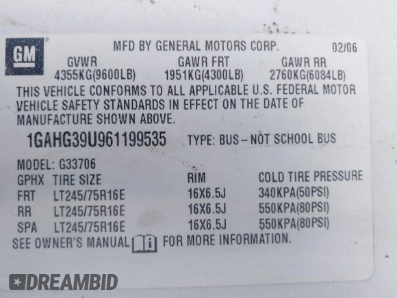 2006 Chevrolet Express Passenger with VIN 1GAHG39U961199535, listed as a IAAI auction lot 41718438 with 271,298 mi miles and . Bid and sale history available at DreamBid. Image 9.