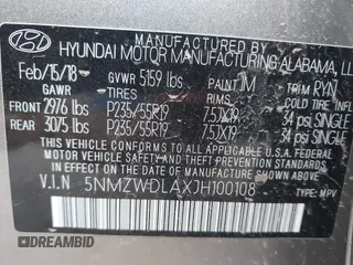 2018 Hyundai Santa Fe Ultimate with VIN 5NMZWDLAXJH100108, listed as a IAAI auction lot 42126768 with 68,325 mi miles and . Bid and sale history available at DreamBid. Image 9.