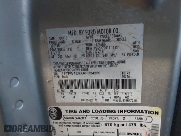 2010 Ford F-150 XL with VIN 1FTFW1EVXAFC24250, listed as a IAAI auction lot 42408407 with 239,353 mi miles and . Bid and sale history available at DreamBid. Image 9.