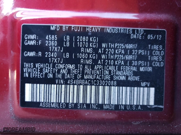 2012 Subaru Outback 2.5i with VIN 4S4BRBAC1C3302088, listed as a Copart auction lot 88310385 with 107,967 mi miles and Salvage Title. Bid and sale history available at carsss.com. Image 13.