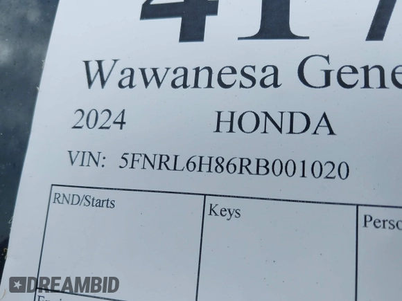 2024 Honda Odyssey Touring with VIN 5FNRL6H86RB001020, listed as a IAAI auction lot 41738645 with Not provided miles and . Bid and sale history available at DreamBid. Image 14.