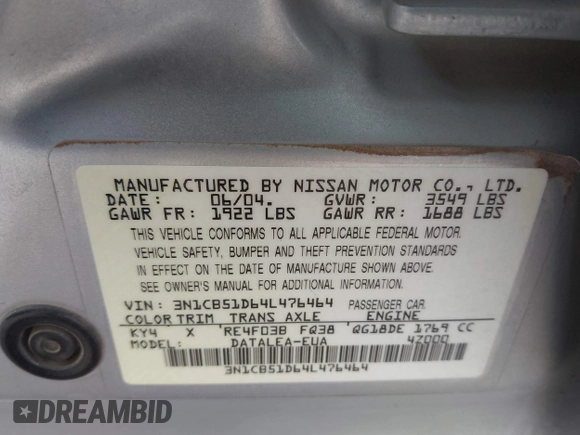 2004 Nissan Sentra S z VIN 3N1CB51D64L476464, wystawiony jako IAAI lot #41893404 z przebiegiem 112 030 mil mil oraz . Historia ofert i sprzedaży dostępna na DreamBid. Obrazek 9.