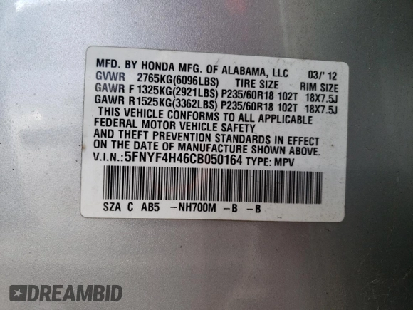 2012 Honda Pilot EX with VIN 5FNYF4H46CB050164, listed as a Copart auction lot 50470865 with 251,132 mi miles and Salvage Title. Bid and sale history available at DreamBid. Image 14.