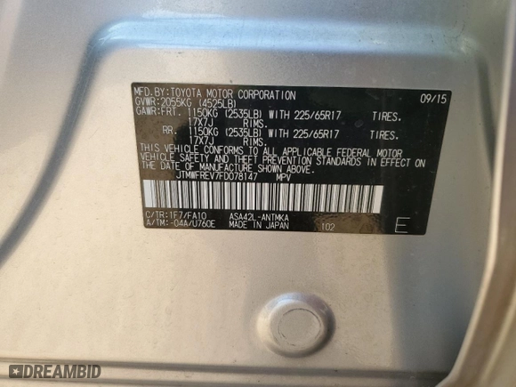 2015 Toyota RAV4 XLE with VIN JTMWFREV7FD078147, listed as a Copart auction lot 48881475 with 0 mi miles and Salvage Title. Bid and sale history available at carsss.com. Image 14.