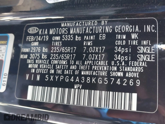 2019 Kia Sorento L with VIN 5XYPG4A38KG574269, listed as a IAAI auction lot 42003610 with 129,896 mi miles and . Bid and sale history available at DreamBid. Image 9.