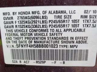 2011 Honda Pilot EX-L with VIN 5FNYF4H58BB001023, listed as a IAAI auction lot 42081793 with 171,062 mi miles and . Bid and sale history available at carsss.com. Image 9.