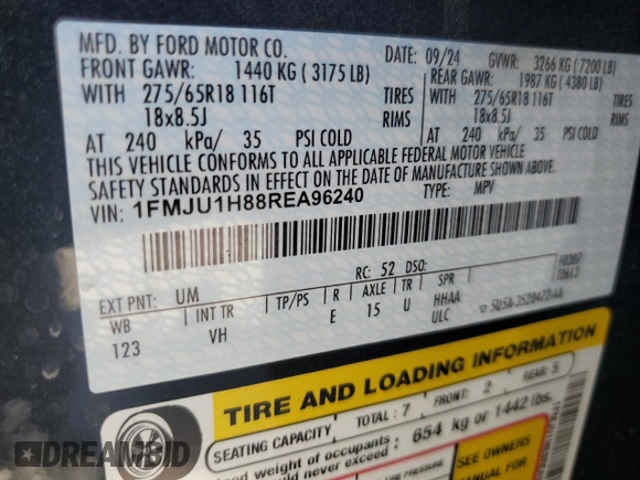 2024 Ford Expedition XLT с VIN 1FMJU1H88REA96240, выставлен на аукционе Copart как лот 50291545 с пробегом 3 217 миль миль и Списание • Salvage title. История ставок и продаж доступна на DreamBid. Изображение 13.