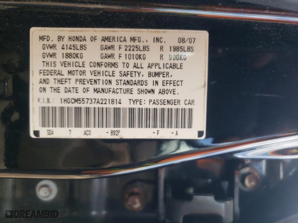 2007 Honda Accord Sdn EX with VIN 1HGCM55737A221814, listed as a Copart auction lot 89317925 with 134,217 mi miles and Clean Title. Bid and sale history available at carsss.com. Image 12.