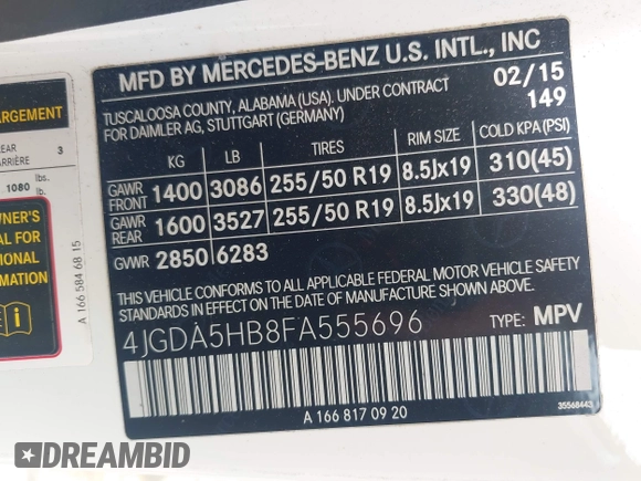 2015 Mercedes-Benz M 350 with VIN 4JGDA5HB8FA555696, listed as a IAAI auction lot 42156465 with 92,660 mi miles and . Bid and sale history available at DreamBid. Image 9.