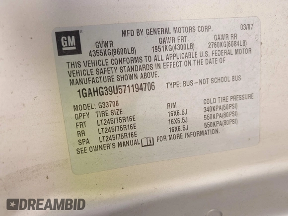 2007 Chevrolet Express Passenger with VIN 1GAHG39U571194706, listed as a IAAI auction lot 42641454 with 83,394 mi miles and . Bid and sale history available at DreamBid. Image 9.