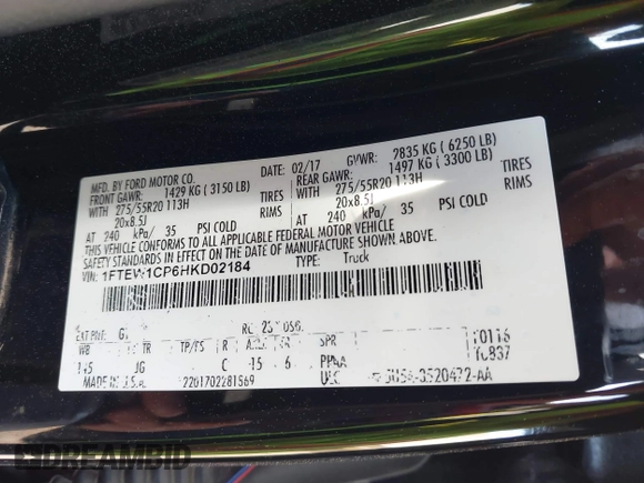 2017 Ford F-150 XL with VIN 1FTEW1CP6HKD02184, listed as a IAAI auction lot 41749261 with 71,049 mi miles and . Bid and sale history available at DreamBid. Image 9.