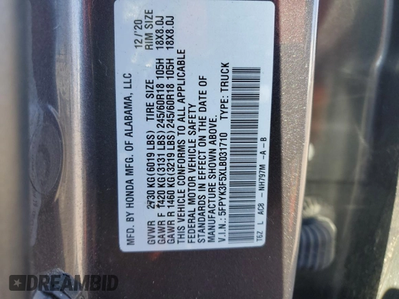2020 Honda Ridgeline RTL with VIN 5FPYK3F5XLB031710, listed as a Copart auction lot 48028585 with 62,478 mi miles and Salvage title. Bid and sale history available at DreamBid. Image 12.