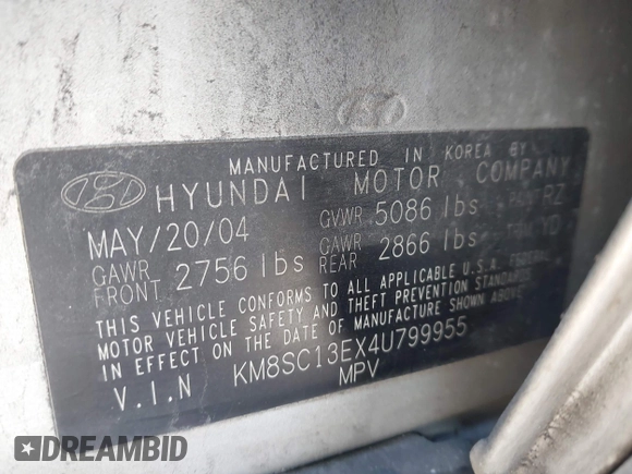 2004 Hyundai Santa Fe GLS with VIN KM8SC13EX4U799955, listed as a IAAI auction lot 41240442 with 281,394 mi miles. Bid and sale history available at carsss.com. Image 9.
