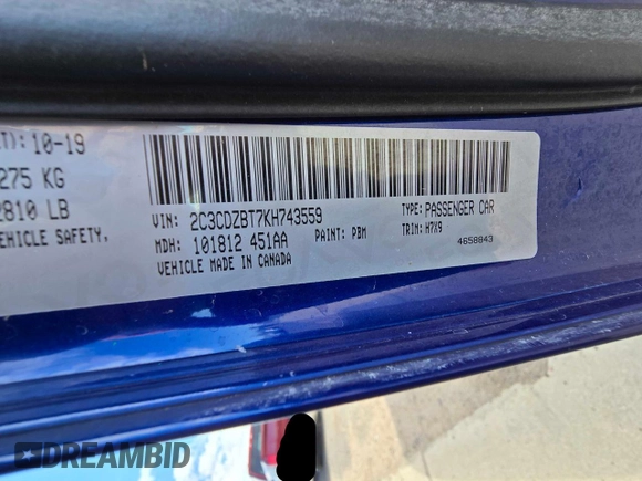 2019 Dodge Challenger R/T z VIN 2C3CDZBT7KH743559, wystawiony jako Copart lot #57719175 z przebiegiem 48 434 mil mil oraz Szkoda całkowita • Salvage title. Historia ofert i sprzedaży dostępna na DreamBid. Obrazek 10.