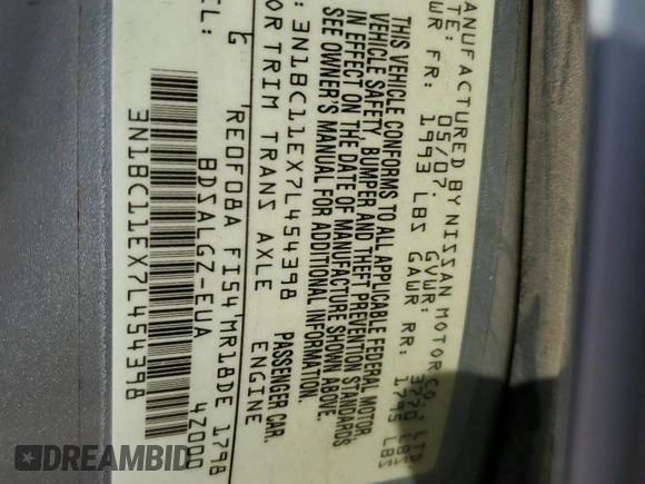 2007 Nissan Versa SL z VIN 3N1BC11EX7L454398, wystawiony jako Copart lot #78073444 z przebiegiem 94 568 mil mil oraz Szkoda całkowita • Salvage title. Historia ofert i sprzedaży dostępna na DreamBid. Obrazek 13.