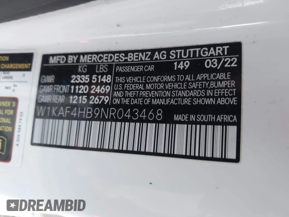 2022 Mercedes-Benz C 300 с VIN W1KAF4HB9NR043468, выставлен на аукционе IAAI как лот 41699101 с пробегом 73 248 миль миль и . История ставок и продаж доступна на DreamBid. Изображение 9.