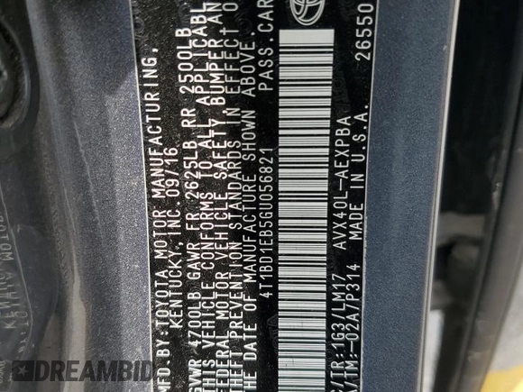 2016 Toyota Avalon XLE Premium z VIN 4T1BD1EB5GU056821, wystawiony jako Copart lot #54359765 z przebiegiem 106 819 mil mil oraz Szkoda całkowita • Salvage title. Historia ofert i sprzedaży dostępna na DreamBid. Obrazek 12.