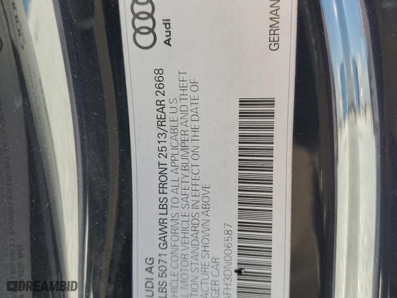 2013 Audi A5 Premium Plus with VIN WAULFAFH3DN006587, listed as a Copart auction lot 51935635 with 116,824 mi miles and Salvage Title. Bid and sale history available at carsss.com. Image 12.