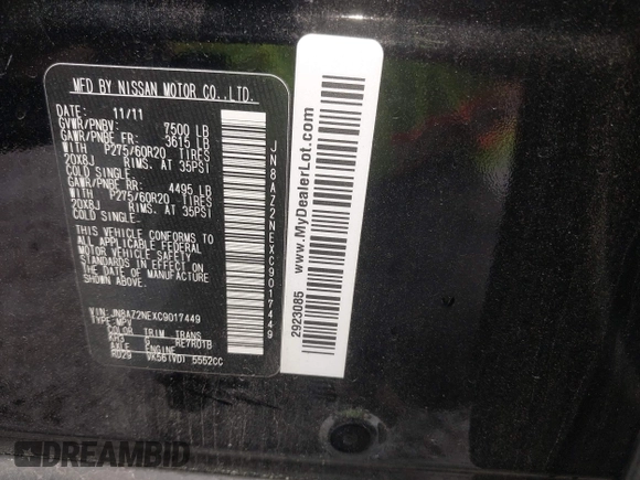 2012 Infiniti QX56 7-passenger z VIN JN8AZ2NEXC9017449, wystawiony jako IAAI lot #42349105 z przebiegiem 244 048 mil mil oraz . Historia ofert i sprzedaży dostępna na DreamBid. Obrazek 9.
