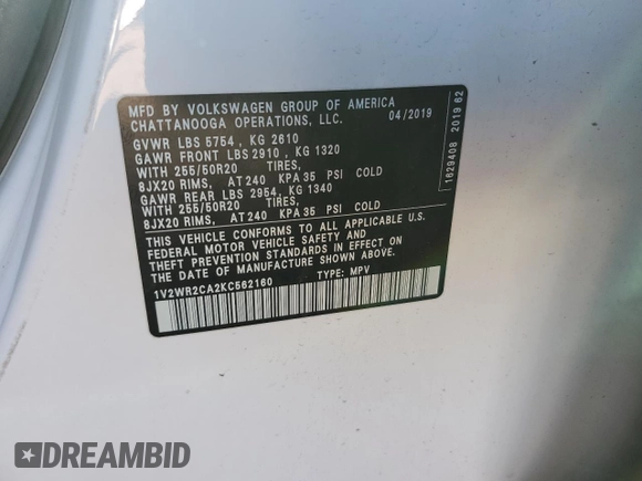 2019 Volkswagen Atlas SE with VIN 1V2WR2CA2KC562160, listed as a Copart auction lot 62166785 with 79,699 mi miles and Clean title. Bid and sale history available at DreamBid. Image 13.