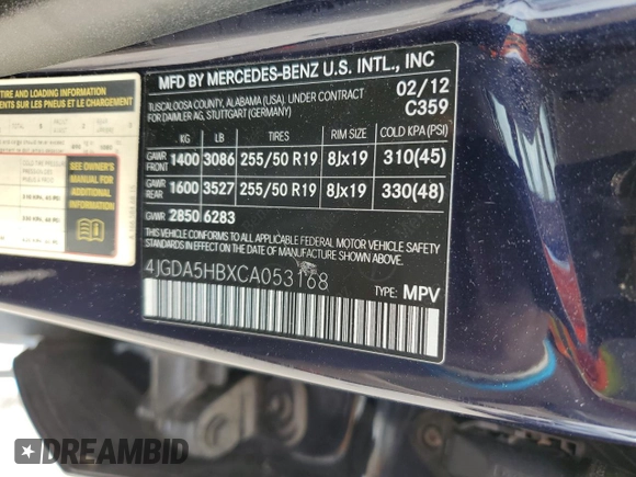 2012 Mercedes-Benz M 350 with VIN 4JGDA5HBXCA053168, listed as a Copart auction lot 57846505 with 93,793 mi miles and Salvage title. Bid and sale history available at DreamBid. Image 13.
