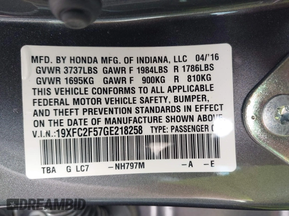 2016 Honda Civic Sedan LX with VIN 19XFC2F57GE218258, listed as a IAAI auction lot 41900810 with 53,116 mi miles. Bid and sale history available at carsss.com. Image 9.
