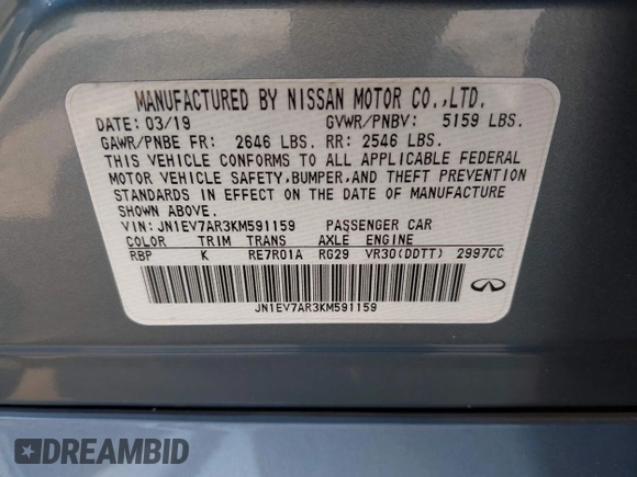 2019 Infiniti Q50 Luxe с VIN JN1EV7AR3KM591159, выставлен на аукционе IAAI как лот 42034855 с пробегом 72 680 миль миль и . История ставок и продаж доступна на DreamBid. Изображение 9.