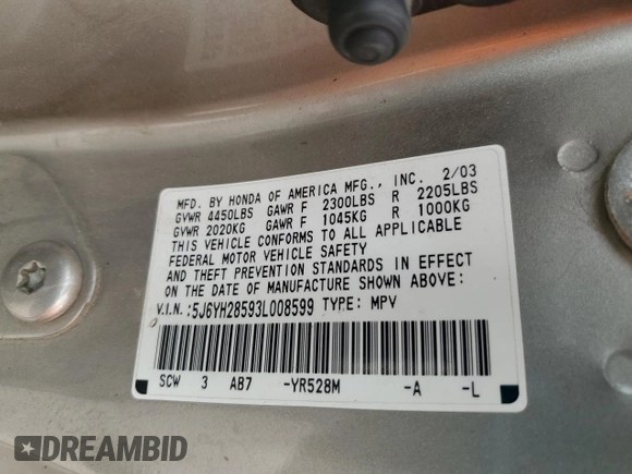 2003 Honda Element EX with VIN 5J6YH28593L008599, listed as a Copart auction lot 58796085 with 203,277 mi miles and Salvage title. Bid and sale history available at DreamBid. Image 13.