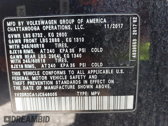 2018 Volkswagen Atlas SE with VIN 1V2DR2CA1JC546005, listed as a IAAI auction lot 41724133 with 116,633 mi miles and . Bid and sale history available at DreamBid. Image 9.