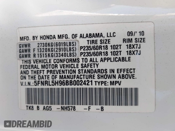 2011 Honda Odyssey Touring с VIN 5FNRL5H96BB002421, выставлен на аукционе IAAI как лот 42297384 с пробегом 128 472 миль миль и . История ставок и продаж доступна на DreamBid. Изображение 9.