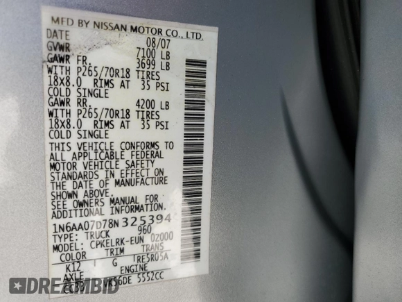 2008 Nissan Titan XE with VIN 1N6AA07D78N325394, listed as a Copart auction lot 47346415 with 247,793 mi miles and Salvage Title. Bid and sale history available at carsss.com. Image 12.