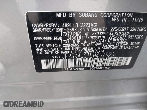 2020 Subaru Forester Premium z VIN JF2SKAJC1LH457523, wystawiony jako IAAI lot #42304635 z przebiegiem 30 390 mil mil oraz . Historia ofert i sprzedaży dostępna na DreamBid. Obrazek 9.