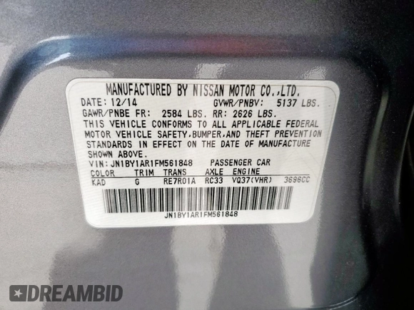 2015 Infiniti Q70 with VIN JN1BY1AR1FM561848, listed as a Copart auction lot 56432875 with 145,158 mi miles and Salvage title. Bid and sale history available at DreamBid. Image 12.