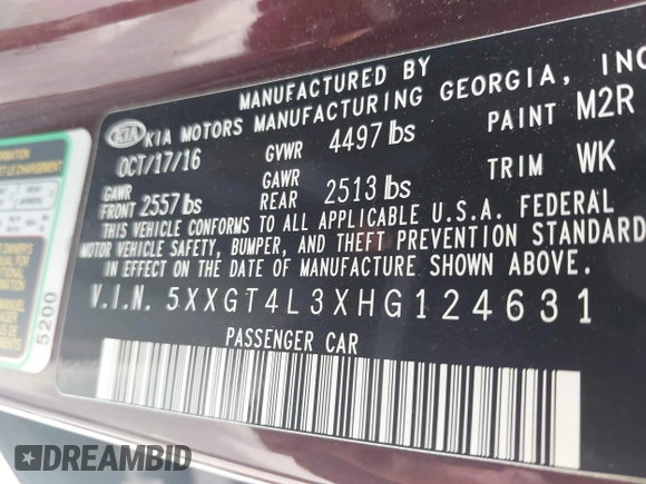 2017 Kia Optima LX with VIN 5XXGT4L3XHG124631, listed as a IAAI auction lot 42383856 with 116,563 mi miles and . Bid and sale history available at DreamBid. Image 9.
