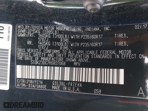 2017 Toyota Sienna LE Auto Access Seat with VIN 5TDKZ3DC7HS827068, listed as a IAAI auction lot 42088371 with 114,630 mi miles. Bid and sale history available at carsss.com. Image 9.