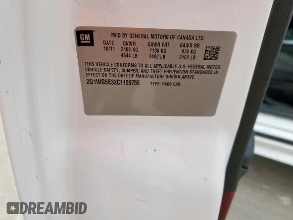 2012 Chevrolet Impala LT Fleet with VIN 2G1WG5E32C1159755, listed as a Copart auction lot 45648655 with 152,442 mi miles and Salvage Title. Bid and sale history available at DreamBid. Image 13.