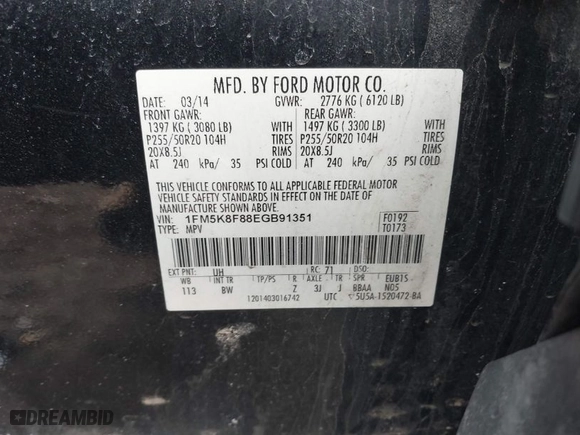 2014 Ford Explorer Limited with VIN 1FM5K8F88EGB91351, listed as a IAAI auction lot 41636833 with 138,745 mi miles. Bid and sale history available at carsss.com. Image 9.