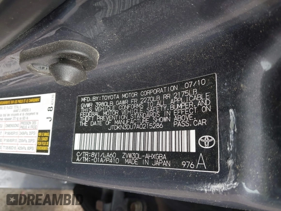 2010 Toyota Prius II with VIN JTDKN3DU7A0215286, listed as a IAAI auction lot 41959556 with Not Provided miles and . Bid and sale history available at DreamBid. Image 9.