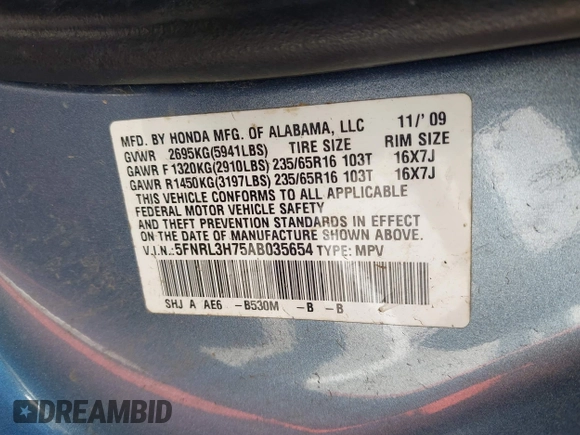 2010 Honda Odyssey EX-L with VIN 5FNRL3H75AB035654, listed as a IAAI auction lot 42026515 with 269,386 mi miles. Bid and sale history available at carsss.com. Image 9.