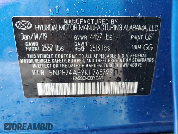2019 Hyundai Sonata SE with VIN 5NPE24AF9KH768799, listed as a Copart auction lot 45887355 with 99,330 mi miles and Salvage Title. Bid and sale history available at DreamBid. Image 13.